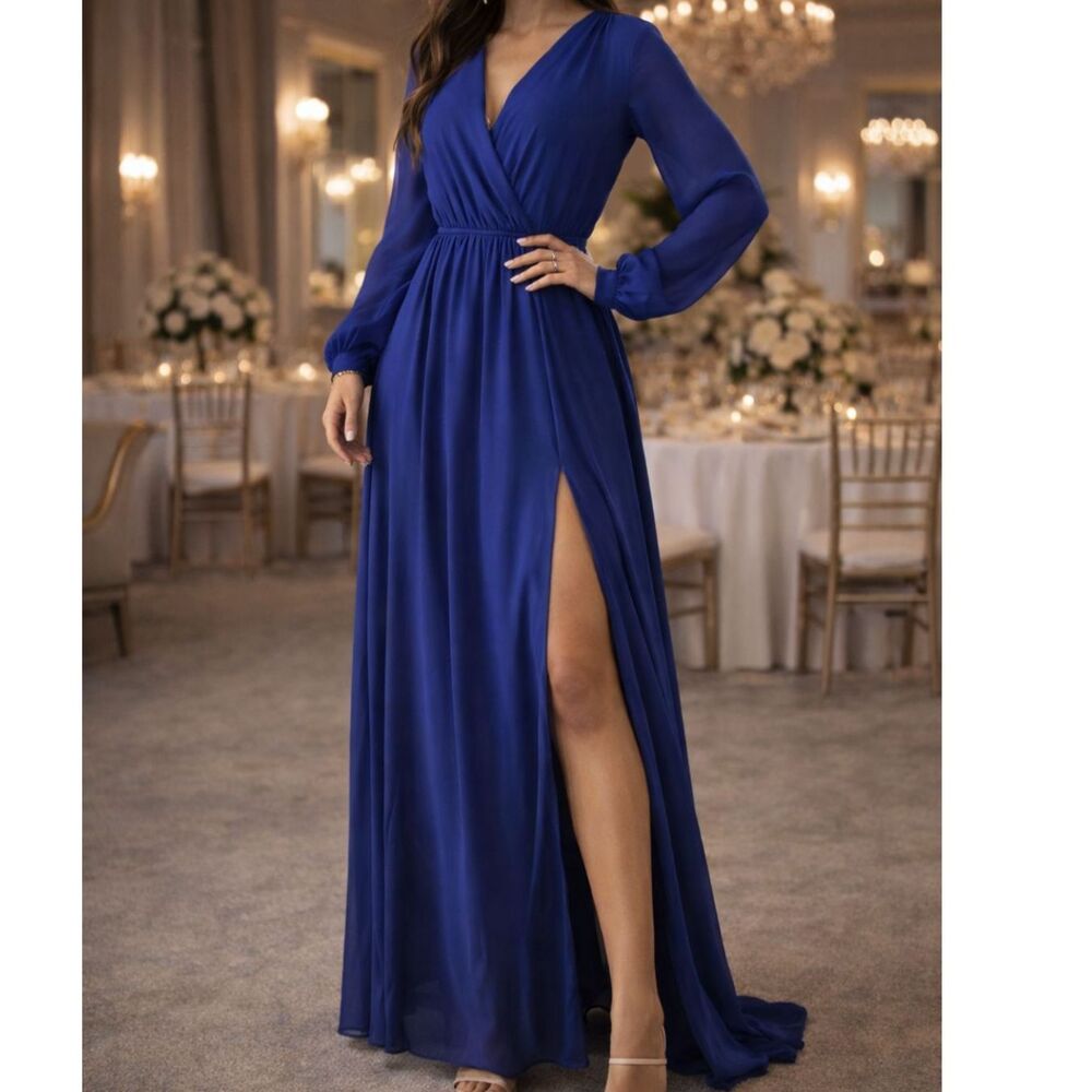 Elegant Royal Blue Long Sleeve V-Neck Evening Dress